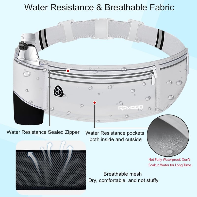 RDMODO Fanny Pack with Water Bottle Holder, Slim Running Hydration Belt for Women Men, Water Resistant Waist Pack for iPhone Samsung, No Bounce 4 Pockets Phone Holder for Running Walking Outdoor（Grey） - Image 3